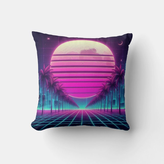 retro, 80-tal neon måne/palmer/solnedgång kudde (Framsida)