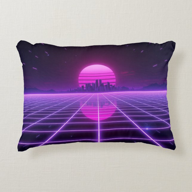 Retro 80-tal Neon Synthwave Grid Prydnadskudde (Framsidan)
