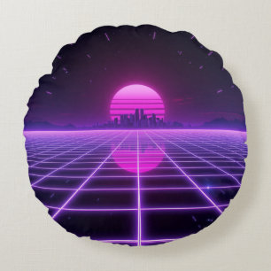 Retro 80-tal Neon Synthwave Grid Rund Kudde