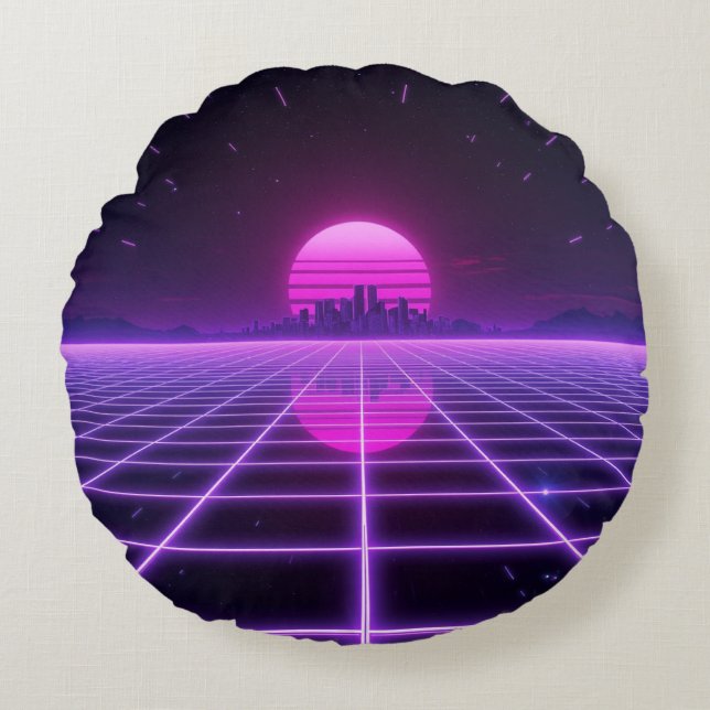 Retro 80-tal Neon Synthwave Grid Rund Kudde (Framsidan)