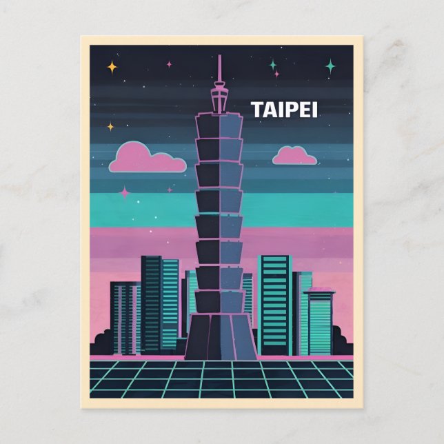 Retro 80-tal Neon Synthwave Taipei 101 Taiwan Vykort (Framsida)