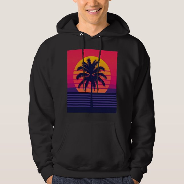 Retro 80-tal Solnedgång Palmträd Synthwave Konst Hoodie (Framsida)