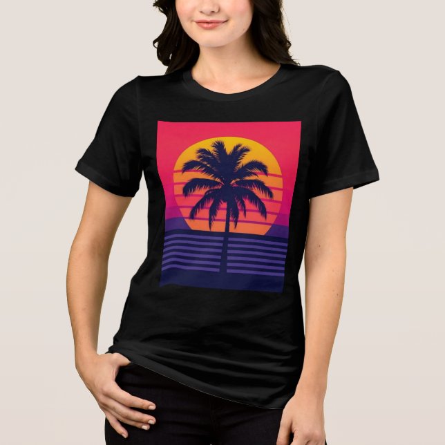 Retro 80-tal Solnedgång Palmträd Synthwave Konst T Shirt (Framsida)