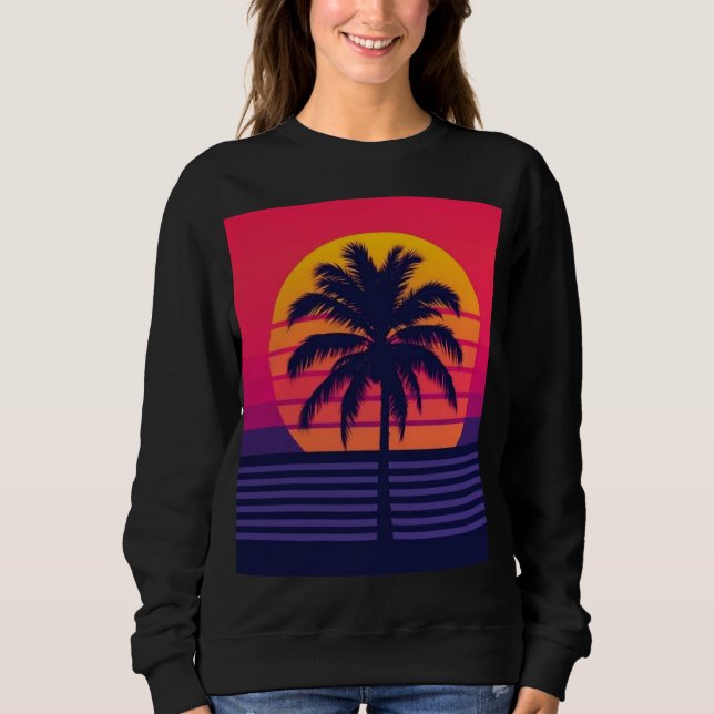 Retro 80-tal Solnedgång Palmträd Synthwave Konst T Shirt (Framsida)