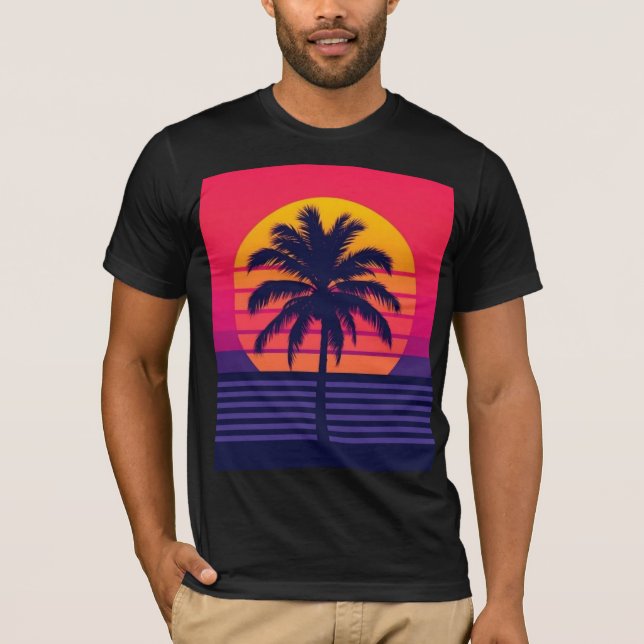 Retro 80-tal Solnedgång Palmträd Synthwave Konst T Shirt (Framsida)