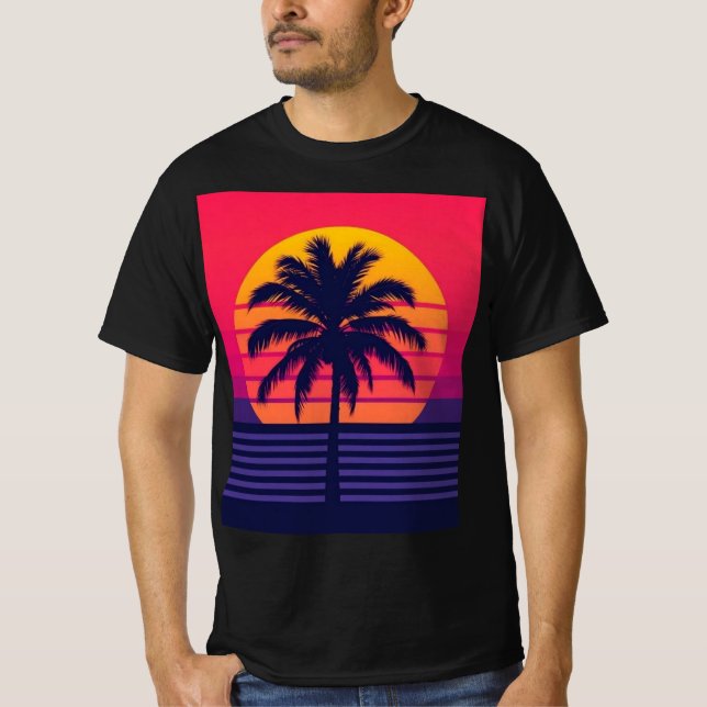Retro 80-tal Solnedgång Palmträd Synthwave Konst T Shirt (Framsida)