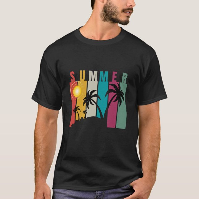 Retro 80-tal Sunset Handflatan Träd Surfing Summer T Shirt (Framsida)