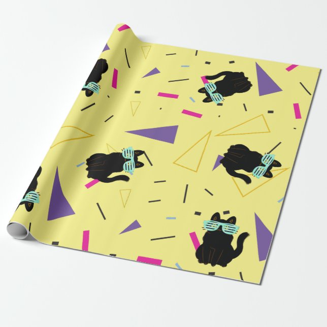 Retro 80-tal Svart Katt Neon Geometrisk  Presentpapper (Utrullad)