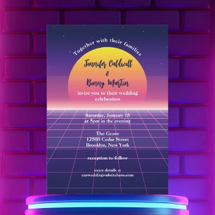Retro 80-talet Neon Lila Synthwave Sunset Bröllop Inbjudningar