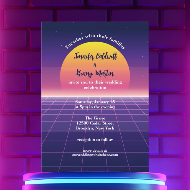 Retro 80-talet Neon Lila Synthwave Sunset Bröllop Inbjudningar (Skapare uppladdad)