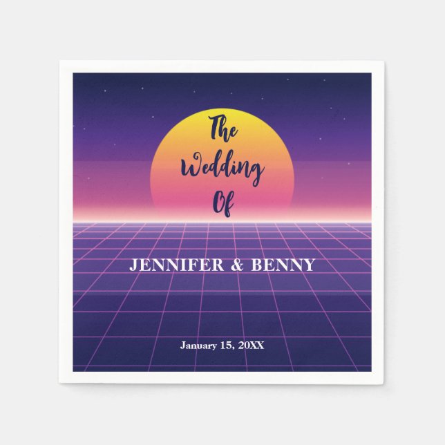 Retro 80-talet Neon Lila Synthwave Sunset Bröllop Pappersservett (Framsidan)