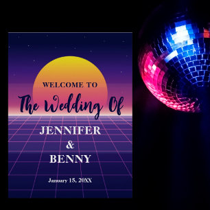 Retro 80-talet Neon Lila Synthwave Sunset Bröllop Poster