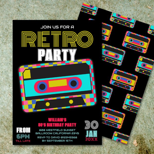 Retro 80-talets Neon-kassettband födelsedag Dance  Inbjudningar (Skapare uppladdad)
