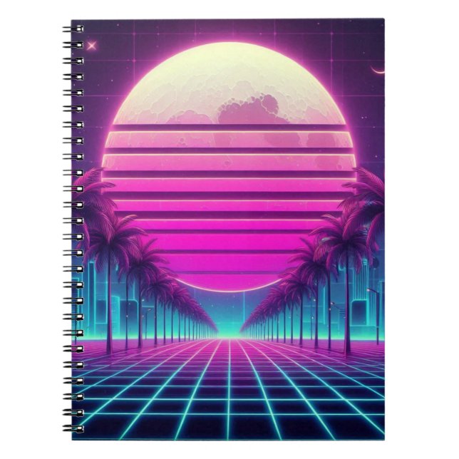 retro, 80-talets neon solnedgång/palmer anteckningsbok (Framsidan)
