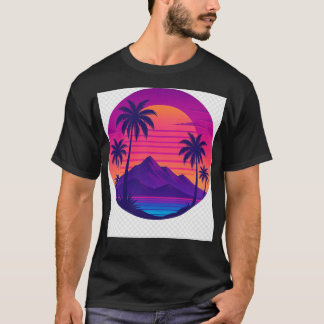 Retro 80-talets solnedgång med Handflatan Träd - S T Shirt