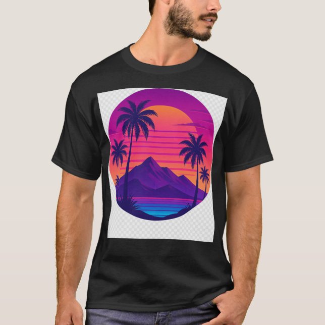 Retro 80-talets solnedgång med Handflatan Träd - S T Shirt (Framsida)