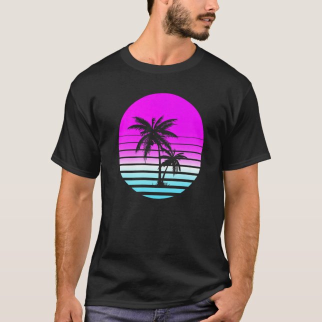 Retro 80-talets Vaporwave Sunset Handflatan Träd B T Shirt (Framsida)