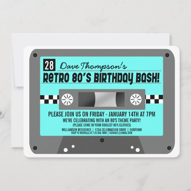Retro 80-tals kassettbandsparty inbjudningar (Framsida)
