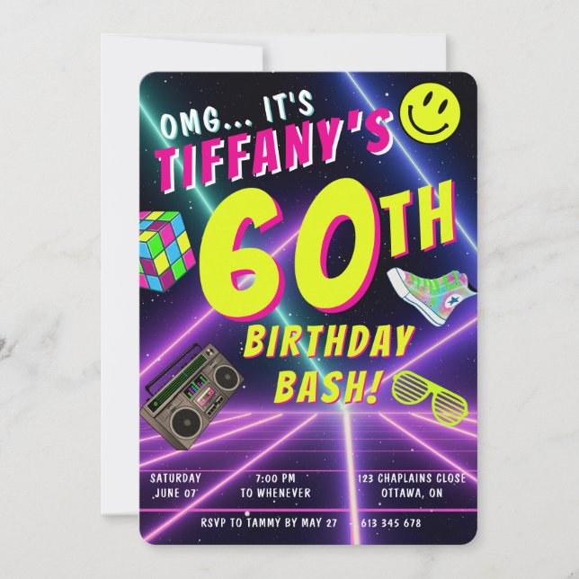 Retro 80-tals Neon Personlig Milstolpe Födelsedags Inbjudningar (Framsida)
