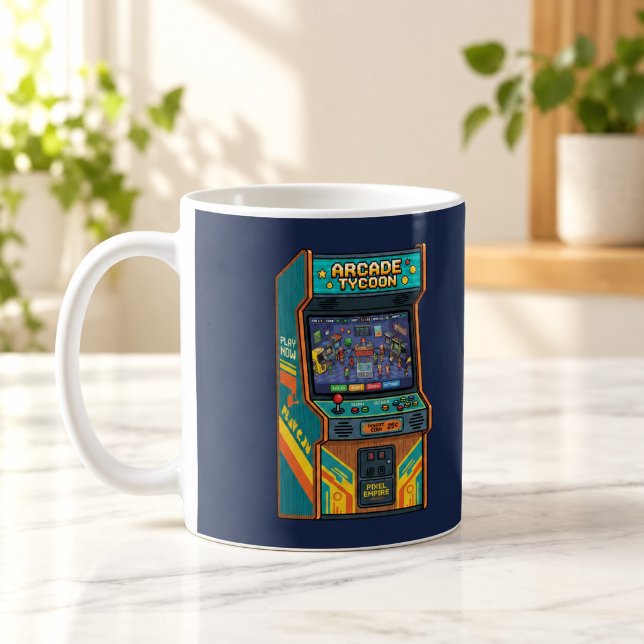 Retro 80-tals Pixel Arkadmaskin Kopp för Arkad Tyc (Arcade Tycoon Retro 80s Pixel Arcade Cabinet Mug — digital mockup.)