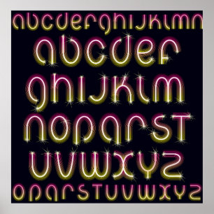 Retro 80-tals Rosa och Gult Glödande Neon Alfabet Poster