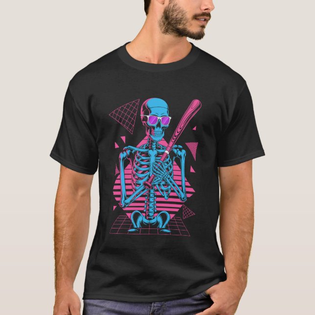 Retro 80-tals Skelett Baseball Grafisk Halloween T Shirt (Framsida)