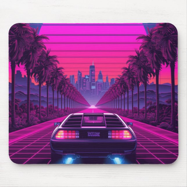 Retro 80-tals Synthwave Neon Bil Skrivbordsmatta & Musmatta (Framsidan)