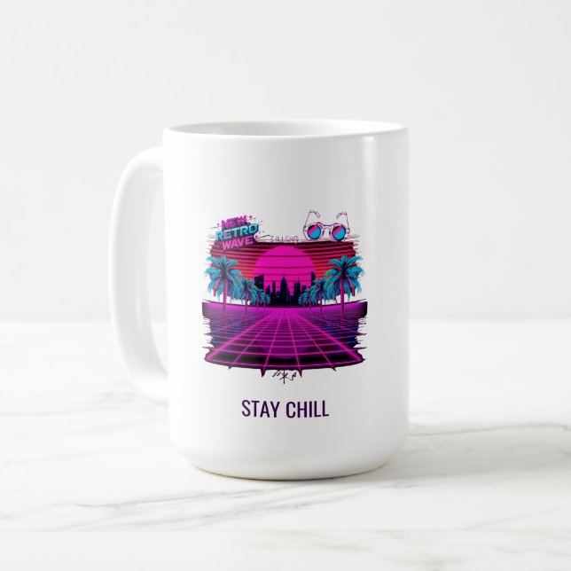 Retro 80-tals Synthwave Vaporwave Neon Grid Landsk Kaffemugg (Framsida vänster)