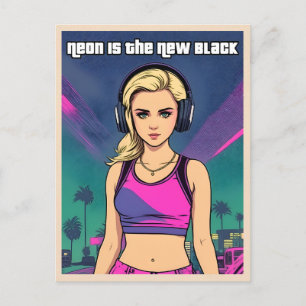 Retro 80-tals Vaporwave Lo-Fi Neon Nostalgi Tjej Vykort