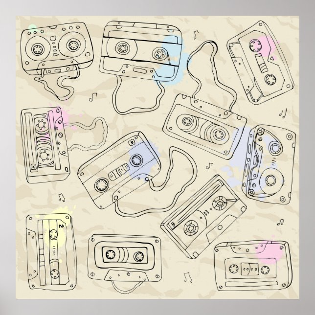 Retro 80s 90s Nostalgic Cassette Mix Tape Pattern Poster (Framsidan)