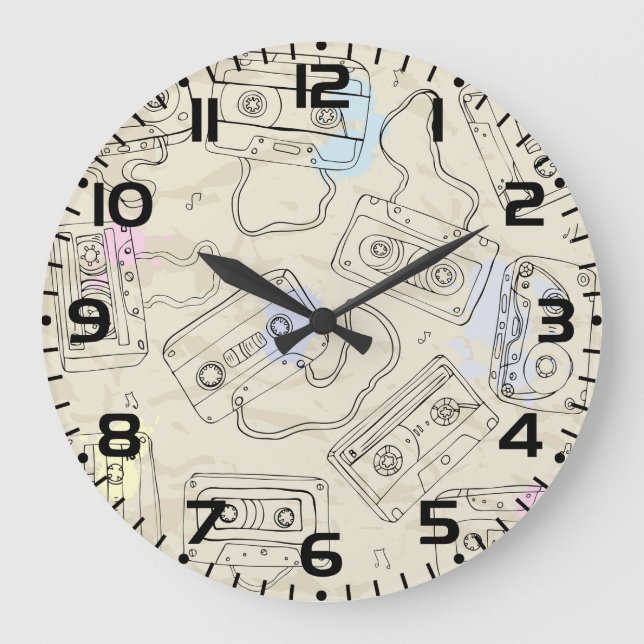 Retro 80s 90s Nostalgic Cassette Mix Tape Pattern Stor Klocka (Framsida)