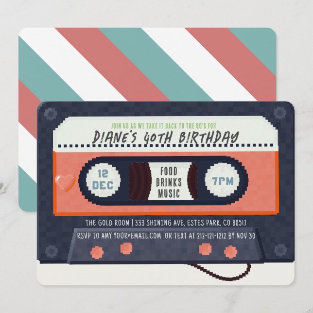 Retro 80's Cassette Tape Music Red Birthday Inbjudningar (Fram/baksida)