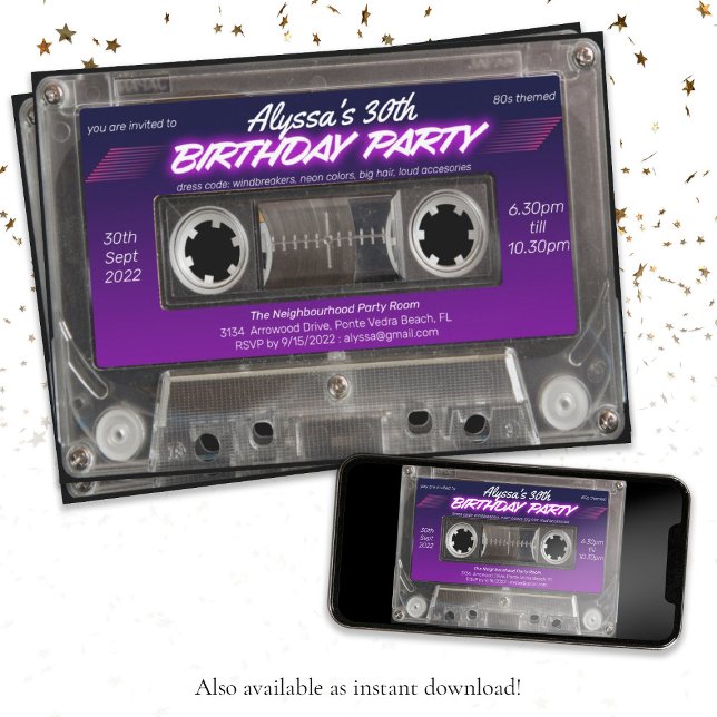 Retro 80s-Födelsedagsfesten för klassettbandsbland Inbjudningar (Retro 80s Themed Cassette Mixtape Birthday Party Invitation)