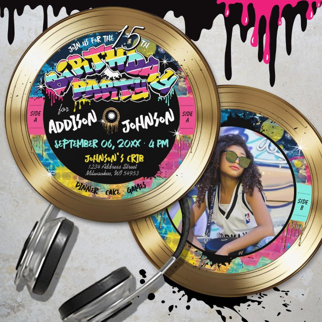 Retro 80s Hip hop Photo Guld Record Födelsedagsfes Inbjudningar (Totally 80's graffiti music theme gold vinyl record black, hot pink photo birthday party invitation)