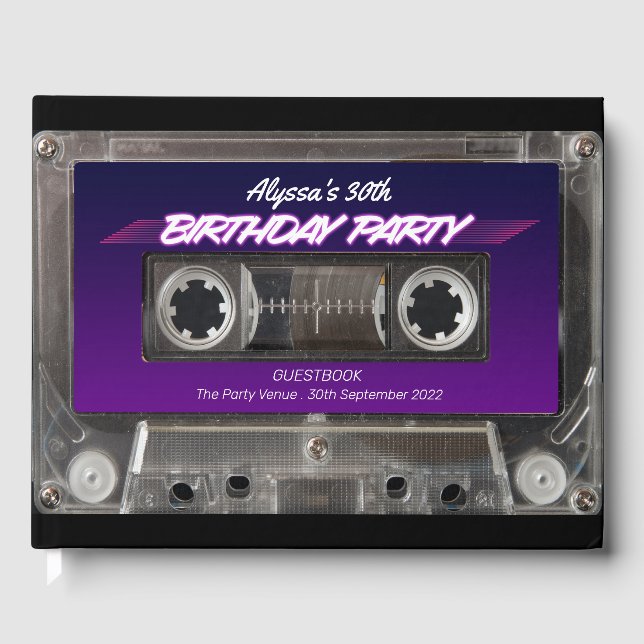 Retro 80s Mixtape Cassette Neon Lila Birthday Gu Gästböcker (Framsida)