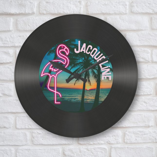 Retro 80s Music Record Tropical Neon Flamingo Stor Klocka (Skapare uppladdad)