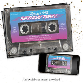 Retro 80s Neon Rosa Blue Mixtape Cassette Party in Inbjudningar