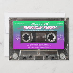 Retro 80s Neon Rosa Grönt Cassette Födelsedagsfest Inbjudningar