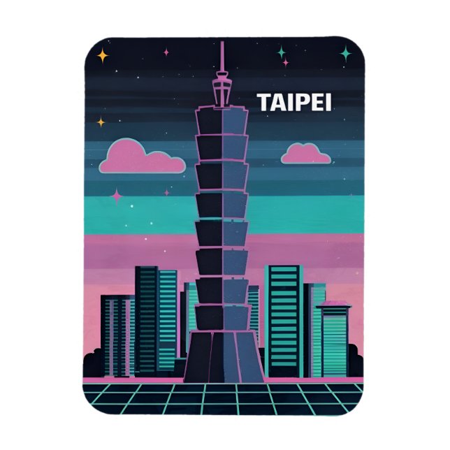 Retro 80s Neon Synthwave Taipei 101 Taiwan Magnet (Vertikal)