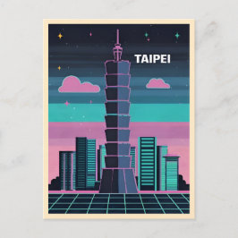 Retro 80s Neon Synthwave Taipei 101 Taiwan Vykort