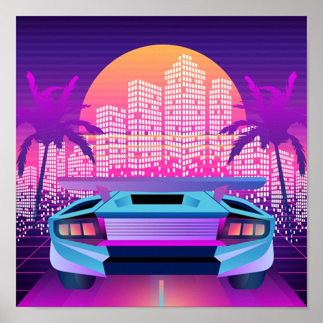 Retro 80s Neon Vaporwave City Sunset and Car Poster (Framsidan)