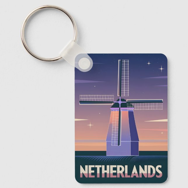 Retro 80s Neon Vaporwave Netherlands Kvarn Nyckelring (Framsida)