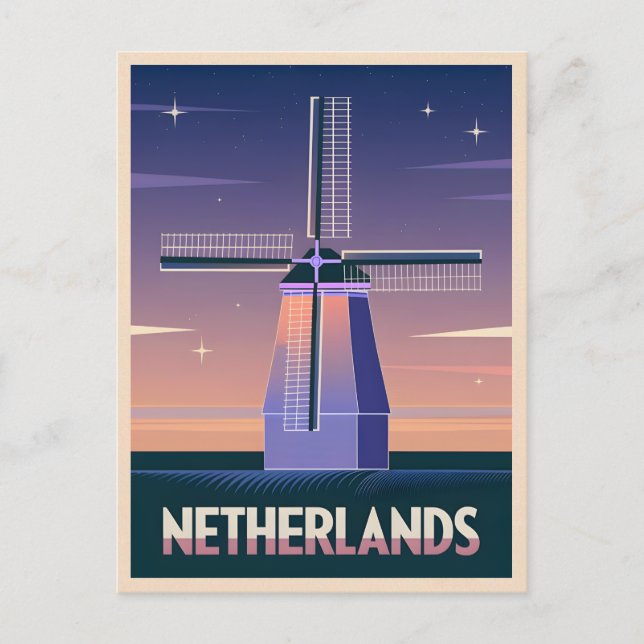 Retro 80s Neon Vaporwave Netherlands Kvarn Post Vykort (Framsida)