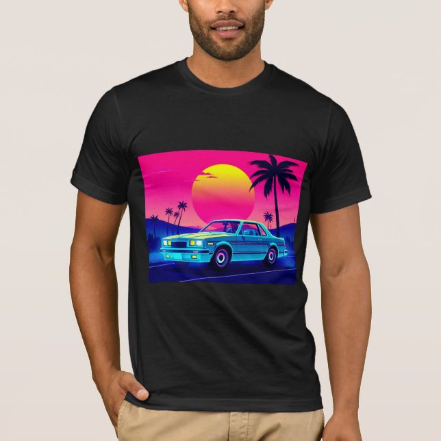 Retro 80s Outrun Sunset Muscle Car Men's T-Shirt (Framsida)