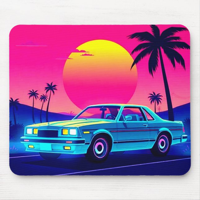 Retro 80s Outrun Sunset XL Gaming Desk Mat Musmatta (Framsidan)