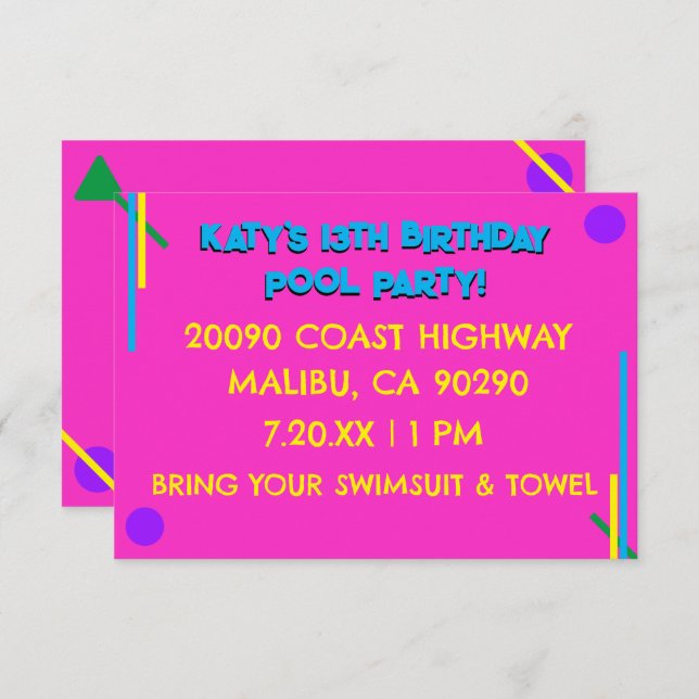 Retro 80's Rosa Girl's 13:e födelsedagen Bassäng P Inbjudningar (Fram/baksida)