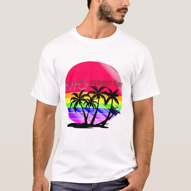 "Retro 80s Sommarbesök T-Shirt - Rainbow Handflata (Framsida)