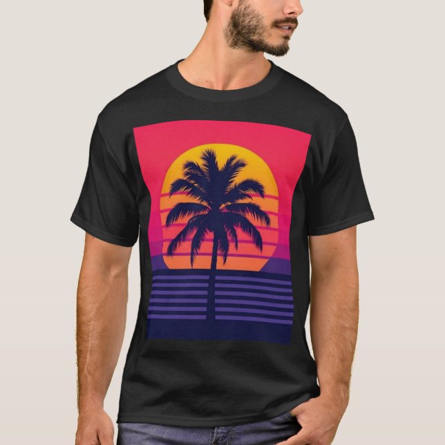 Retro 80s Sunset Palm Tree Synthwave Art T Shirt (Framsida)