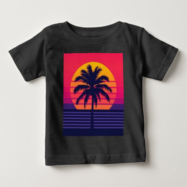 Retro 80s Sunset Palm Tree Synthwave Art T Shirt (Framsida)