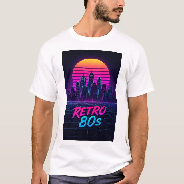 Retro 80s Synthwave City Skyline T-Shirt (Framsida)